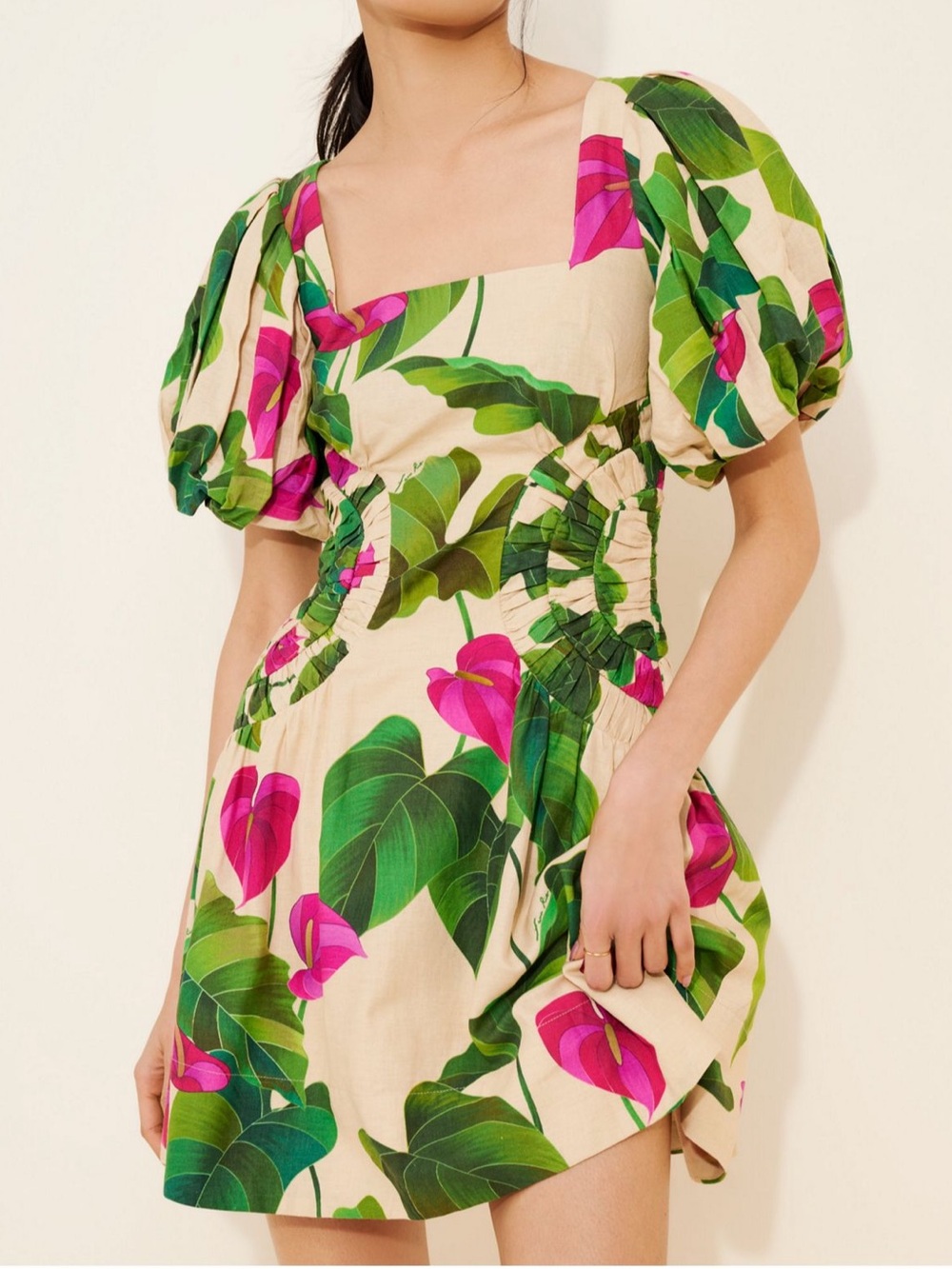 FARM Rio Anthurium Leave Puff Sleeve Mini Dress. Size L